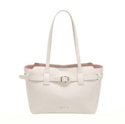 Elegant Cream Faux Leather Tote Bag, Work-Friendly Bucket Bag with Gold Buckle Detail