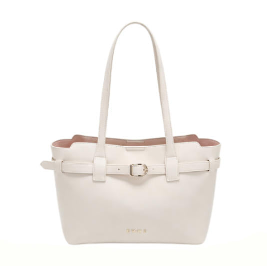 Elegant Cream Faux Leather Tote Bag, Work-Friendly Bucket Bag with Gold Buckle Detail