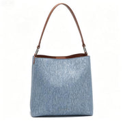 Casual Denim-Style Bucket Bag, Everyday Shoulder Tote with Leather Accents