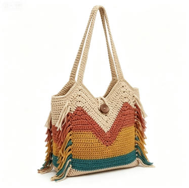 Colorful Chevron Crochet Beach Tote Bag, Bohemian Fringe Shoulder Bag for Summer