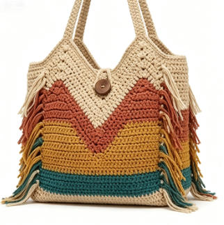 Colorful Chevron Crochet Beach Tote Bag, Bohemian Fringe Shoulder Bag for Summer