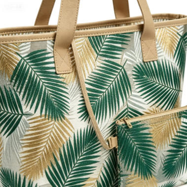 Tropical Palm Leaf Mesh Beach Tote Bag, See-Through Summer Tote with Matching Pouch