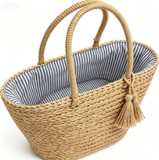 Classic Woven Straw Beach Tote Bag, Summer Basket Bag with Tassel Detail & Striped Lining