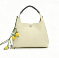 Soft Pale Yellow Pebbled Leather Hobo Handbag, Women's Small Top-Handle Bucket Bag with Lemon Charm, OEM/ODM Customizable
