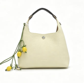 Soft Pale Yellow Pebbled Leather Hobo Handbag, Women's Small Top-Handle Bucket Bag with Lemon Charm, OEM/ODM Customizable