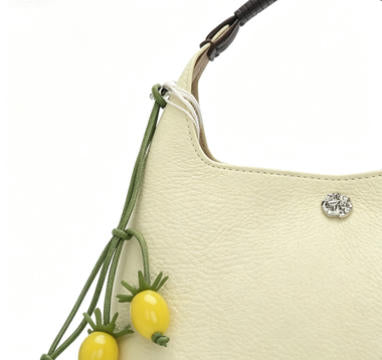 Soft Pale Yellow Pebbled Leather Hobo Handbag, Women's Small Top-Handle Bucket Bag with Lemon Charm, OEM/ODM Customizable