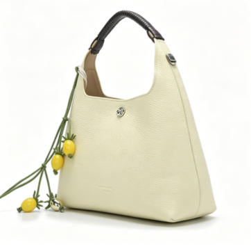 Soft Pale Yellow Pebbled Leather Hobo Handbag, Women's Small Top-Handle Bucket Bag with Lemon Charm, OEM/ODM Customizable