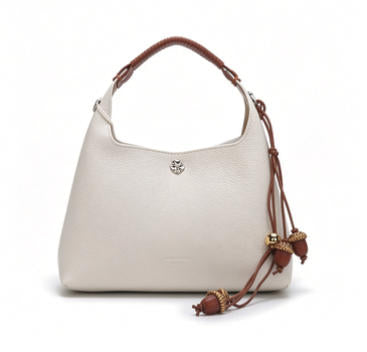 Chic Cream Hobo Handbag, Soft Pebbled Leather Bucket Bag with Acorn Charm Detail