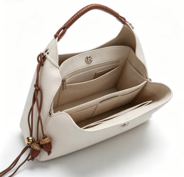 Chic Cream Hobo Handbag, Soft Pebbled Leather Bucket Bag with Acorn Charm Detail