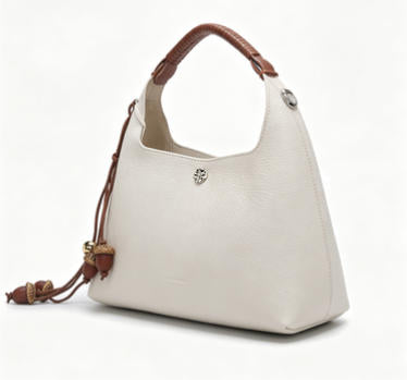 Chic Cream Hobo Handbag, Soft Pebbled Leather Bucket Bag with Acorn Charm Detail