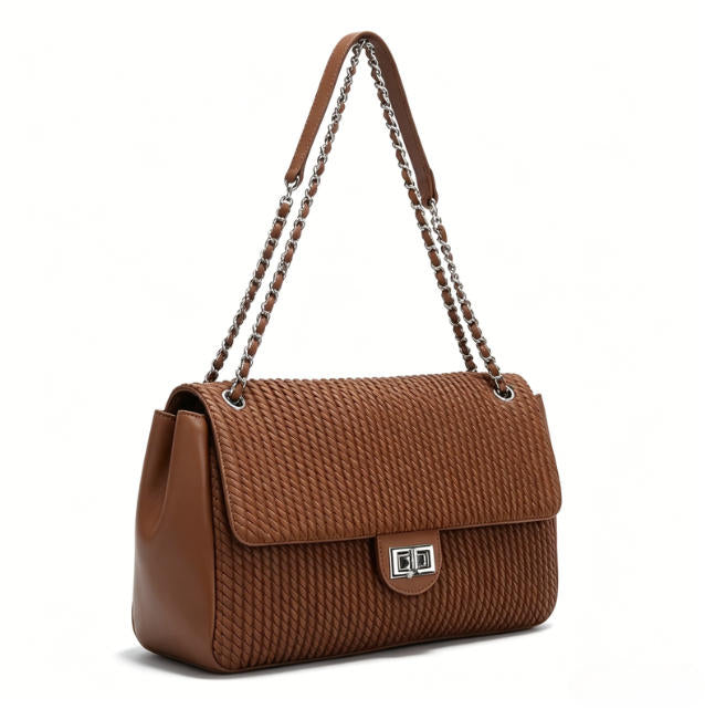 Chic Brown Quilted Flap Handbag, Versatile Chain Shoulder Bag with Silver Hardware