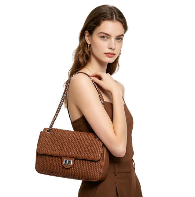 Chic Brown Quilted Flap Handbag, Versatile Chain Shoulder Bag with Silver Hardware