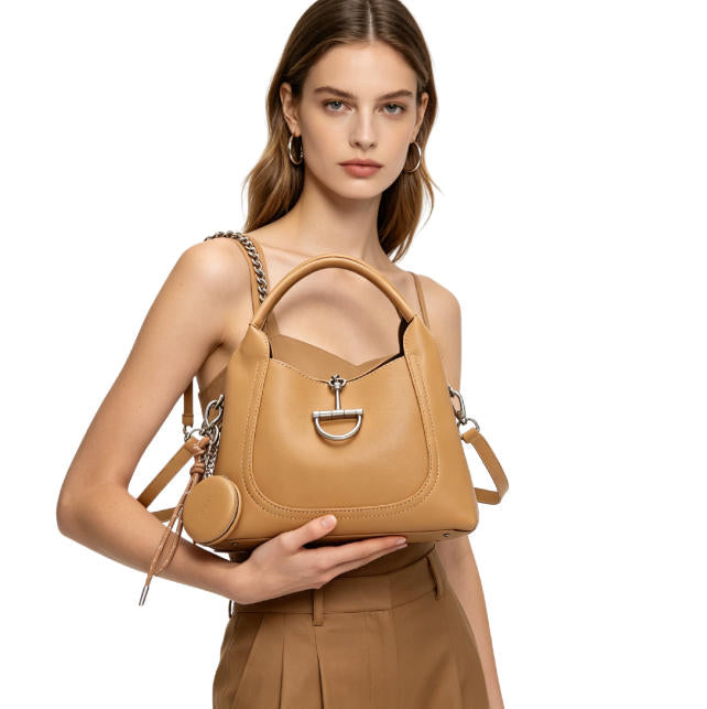 Chic Caramel Hobo Handbag, Versatile Multi-Way Bucket Bag with Detachable Accessories
