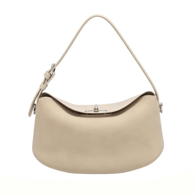 Chic Beige Suede-Effect Hobo Bag, Minimalist Flap Shoulder Bag with Silver Hardware