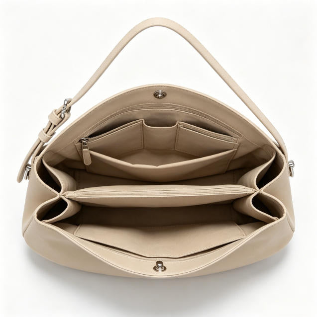 Chic Beige Suede-Effect Hobo Bag, Minimalist Flap Shoulder Bag with Silver Hardware