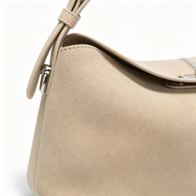 Chic Beige Suede-Effect Hobo Bag, Minimalist Flap Shoulder Bag with Silver Hardware