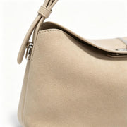 Chic Beige Suede-Effect Hobo Bag, Minimalist Flap Shoulder Bag with Silver Hardware