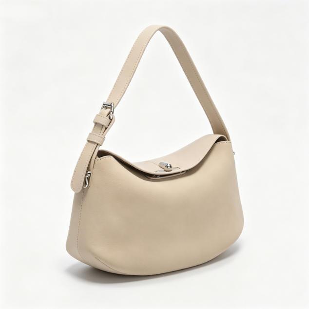 Chic Beige Suede-Effect Hobo Bag, Minimalist Flap Shoulder Bag with Silver Hardware