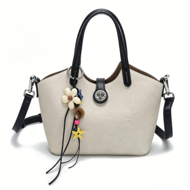 Chic Beige Canvas Tote Bag, Casual Bucket Handbag with Colorful Charm & Leather Trim