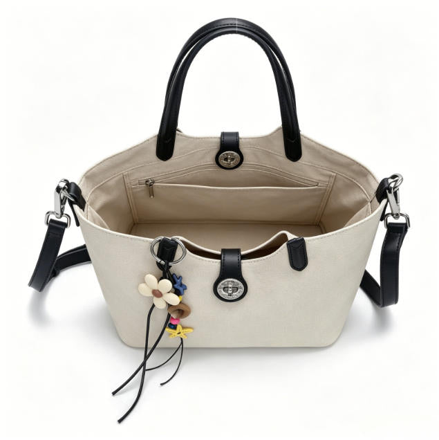 Chic Beige Canvas Tote Bag, Casual Bucket Handbag with Colorful Charm & Leather Trim