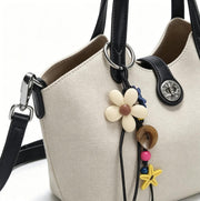 Chic Beige Canvas Tote Bag, Casual Bucket Handbag with Colorful Charm & Leather Trim