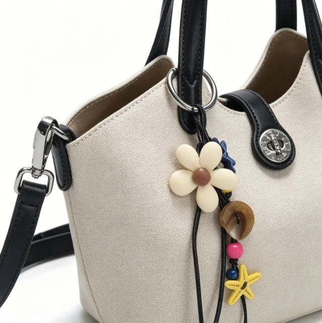 Chic Beige Canvas Tote Bag, Casual Bucket Handbag with Colorful Charm & Leather Trim