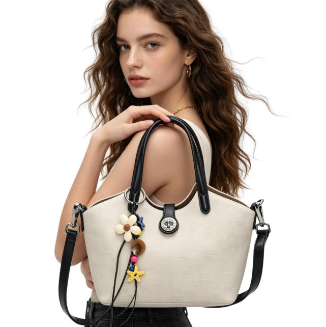 Chic Beige Canvas Tote Bag, Casual Bucket Handbag with Colorful Charm & Leather Trim