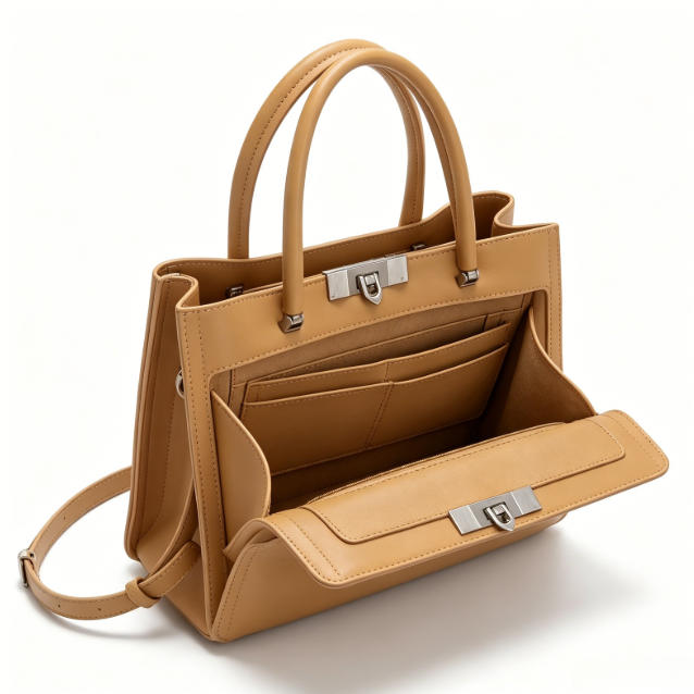 Elegant Camel Structured Tote Bag, Versatile Satchel Handbag with Silver Hardware