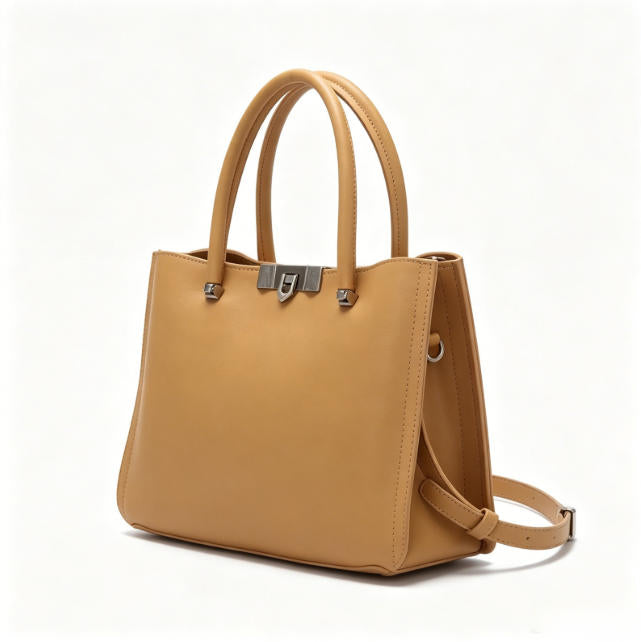 Elegant Camel Structured Tote Bag, Versatile Satchel Handbag with Silver Hardware