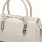 Cream White Structured Top-Handle Handbag, Women's Minimalist Satchel with Silver Hardware, Detachable Crossbody Strap, OEM/ODM Customizable