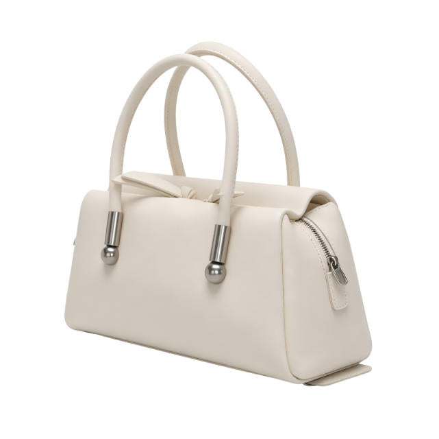 Cream White Structured Top-Handle Handbag, Women's Minimalist Satchel with Silver Hardware, Detachable Crossbody Strap, OEM/ODM Customizable