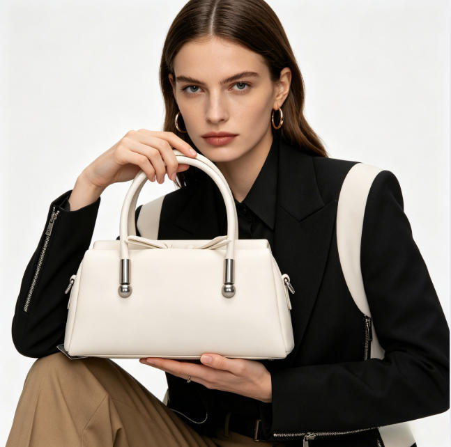 Cream White Structured Top-Handle Handbag, Women's Minimalist Satchel with Silver Hardware, Detachable Crossbody Strap, OEM/ODM Customizable