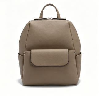 Taupe Pebbled Faux Leather Women Mini Backpack, Minimalist Daily Backpack with Front Flap Pocket, Custom Logo OEM ODM Available