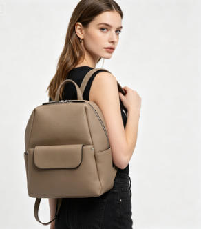 Taupe Pebbled Faux Leather Women Mini Backpack, Minimalist Daily Backpack with Front Flap Pocket, Custom Logo OEM ODM Available