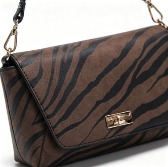 Brown Zebra Print Suede-Effect Mini Flap Crossbody Bag, Women Fashion Shoulder Bag with Adjustable Leather Strap, Bulk Supply for Established Fashion Brands