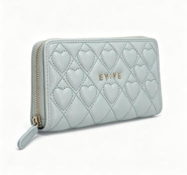 Light Grey Heart Quilted Faux Leather Long Zipper Wallet, Women Multi-Card Purse with Custom Metal Logo, Bulk Supply for Established Fashion Brands & Department Store Chains