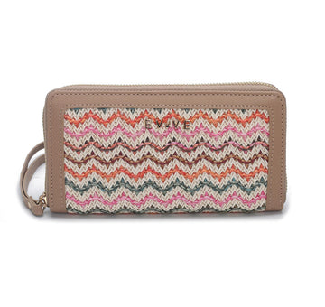 Colorful Chevron Woven Straw Long Zip Wallet, Contrast Faux Leather Trim Ladies Clutch Purse with Custom Metal Logo, Bulk Supply for Established Fashion Brands & Mall Retail Chains