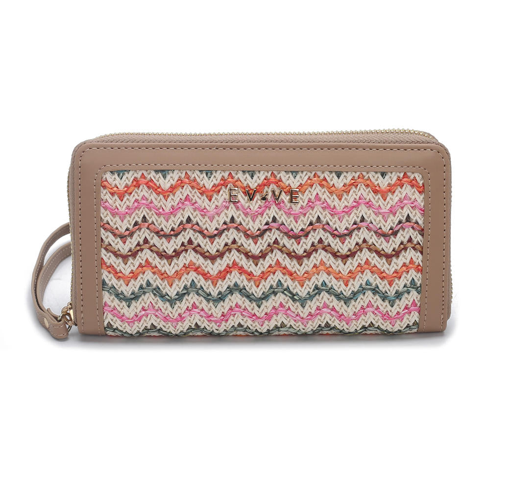Colorful Chevron Woven Straw Long Zip Wallet, Contrast Faux Leather Trim Ladies Clutch Purse with Custom Metal Logo, Bulk Supply for Established Fashion Brands & Mall Retail Chains