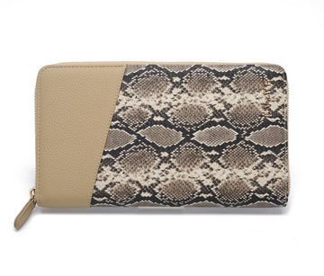 Snake Print Color Block Faux Leather Long Zip Around Wallet, Ladies Multi-Card Purse with Custom Vertical Metal Logo, Mass Supply for Established Fashion Brands & Department Store Retail Chains