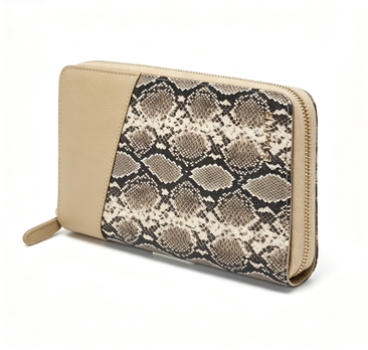 Snake Print Color Block Faux Leather Long Zip Around Wallet, Ladies Multi-Card Purse with Custom Vertical Metal Logo, Mass Supply for Established Fashion Brands & Department Store Retail Chains