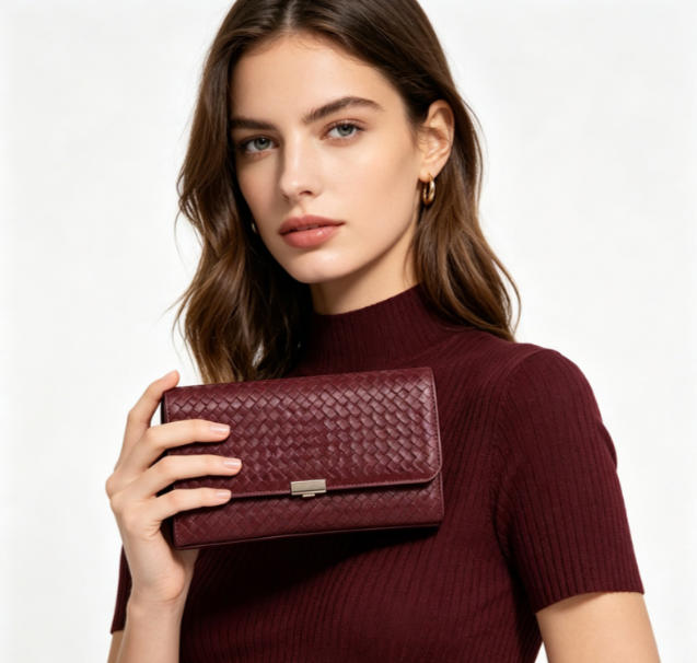 Burgundy Embossed Snake Skin Faux Leather Flap Clutch Bag, Evening Formal Handbag with Metal Lock Closure, Bulk Supply for Established Fashion Brands & Luxury Department Stores