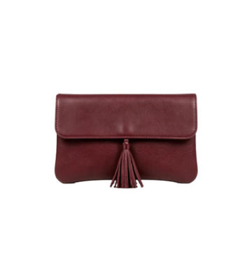 Burgundy Smooth Faux Leather Tassel Flap Clutch Bag, Minimalist Rectangular Evening Handbag for Formal Occasions, Bulk Supply for Established Fashion Brands & Luxury Department Stores