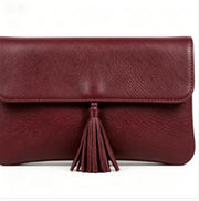 Burgundy Smooth Faux Leather Tassel Flap Clutch Bag, Minimalist Rectangular Evening Handbag for Formal Occasions, Bulk Supply for Established Fashion Brands & Luxury Department Stores