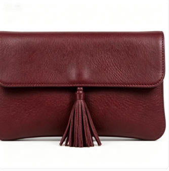 Burgundy Smooth Faux Leather Tassel Flap Clutch Bag, Minimalist Rectangular Evening Handbag for Formal Occasions, Bulk Supply for Established Fashion Brands & Luxury Department Stores