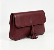 Burgundy Smooth Faux Leather Tassel Flap Clutch Bag, Minimalist Rectangular Evening Handbag for Formal Occasions, Bulk Supply for Established Fashion Brands & Luxury Department Stores