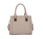 Light Beige Pebbled Faux Leather Woven Trim Top Handle Tote Bag, Convertible Crossbody Satchel Handbag with Detachable Strap, Mass Supply for Established Fashion Brands & Mall Retail Chains