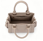 Light Beige Pebbled Faux Leather Woven Trim Top Handle Tote Bag, Convertible Crossbody Satchel Handbag with Detachable Strap, Mass Supply for Established Fashion Brands & Mall Retail Chains
