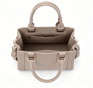 Light Beige Pebbled Faux Leather Woven Trim Top Handle Tote Bag, Convertible Crossbody Satchel Handbag with Detachable Strap, Mass Supply for Established Fashion Brands & Mall Retail Chains