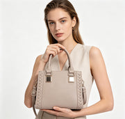 Light Beige Pebbled Faux Leather Woven Trim Top Handle Tote Bag, Convertible Crossbody Satchel Handbag with Detachable Strap, Mass Supply for Established Fashion Brands & Mall Retail Chains