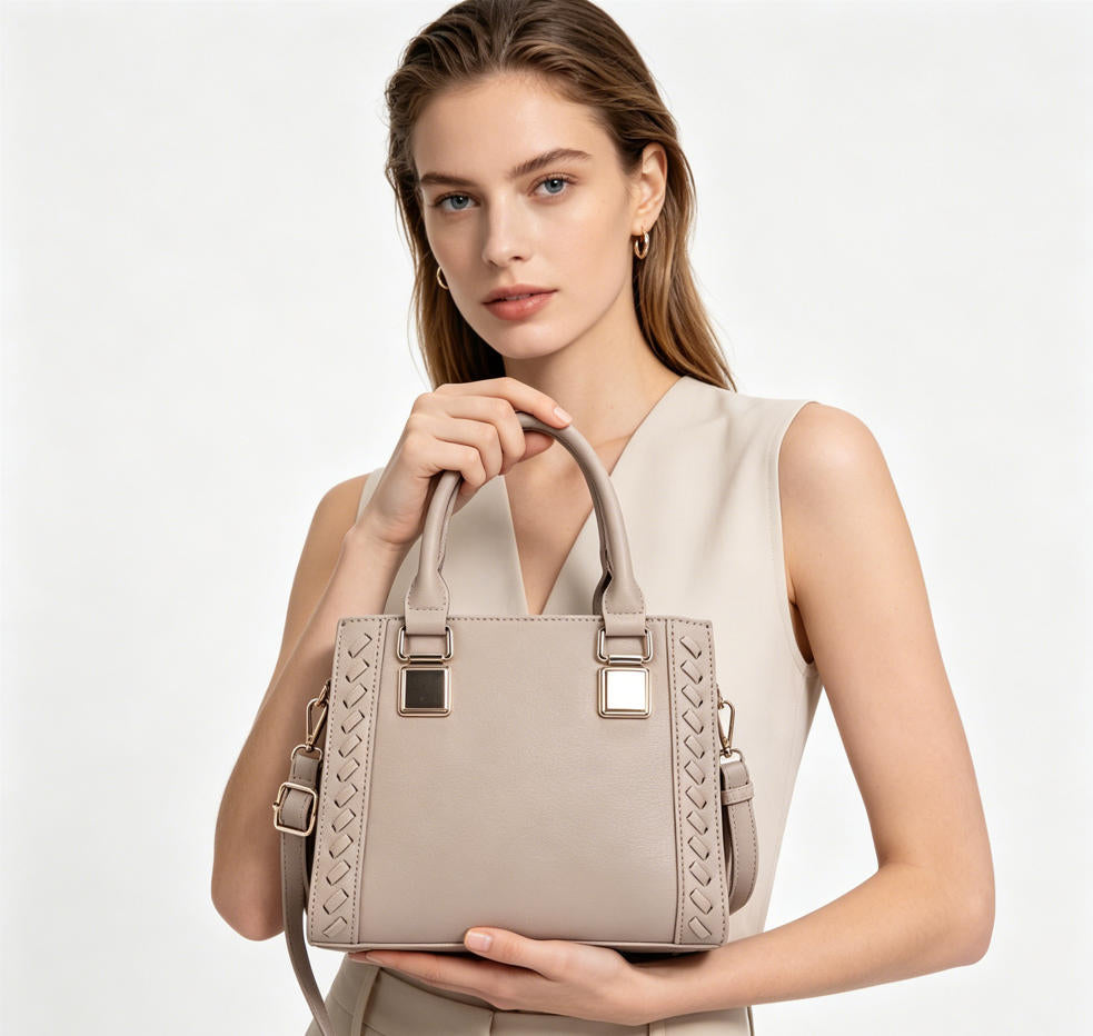Light Beige Pebbled Faux Leather Woven Trim Top Handle Tote Bag, Convertible Crossbody Satchel Handbag with Detachable Strap, Mass Supply for Established Fashion Brands & Mall Retail Chains
